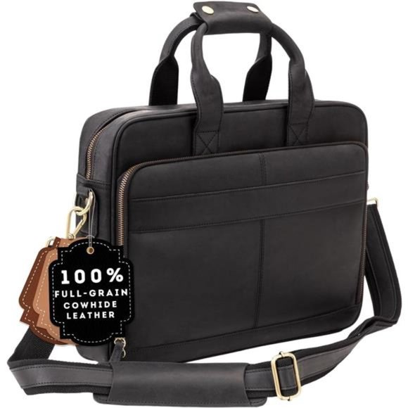 Men's Handcrafted Leather Laptop Bag, Black, Fits 15.6" Laptop